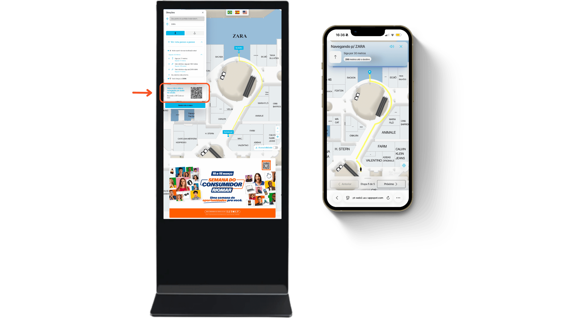 Totem com QR Code para continuar a rota no celular