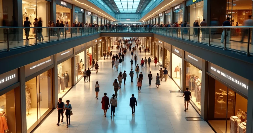 Vista aérea de shopping mostrando lojas em destaque e áreas em sombra para representar lojas invisíveis